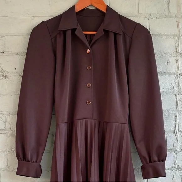 Vintage 70s Dark Brown Long Sleeve Shirt Dress - Picture 6 of 8